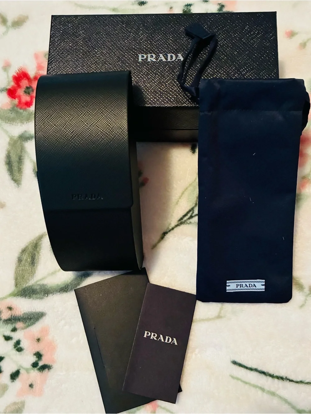 PRADA Black Box with Navy Drawstring Pouch and Accessories